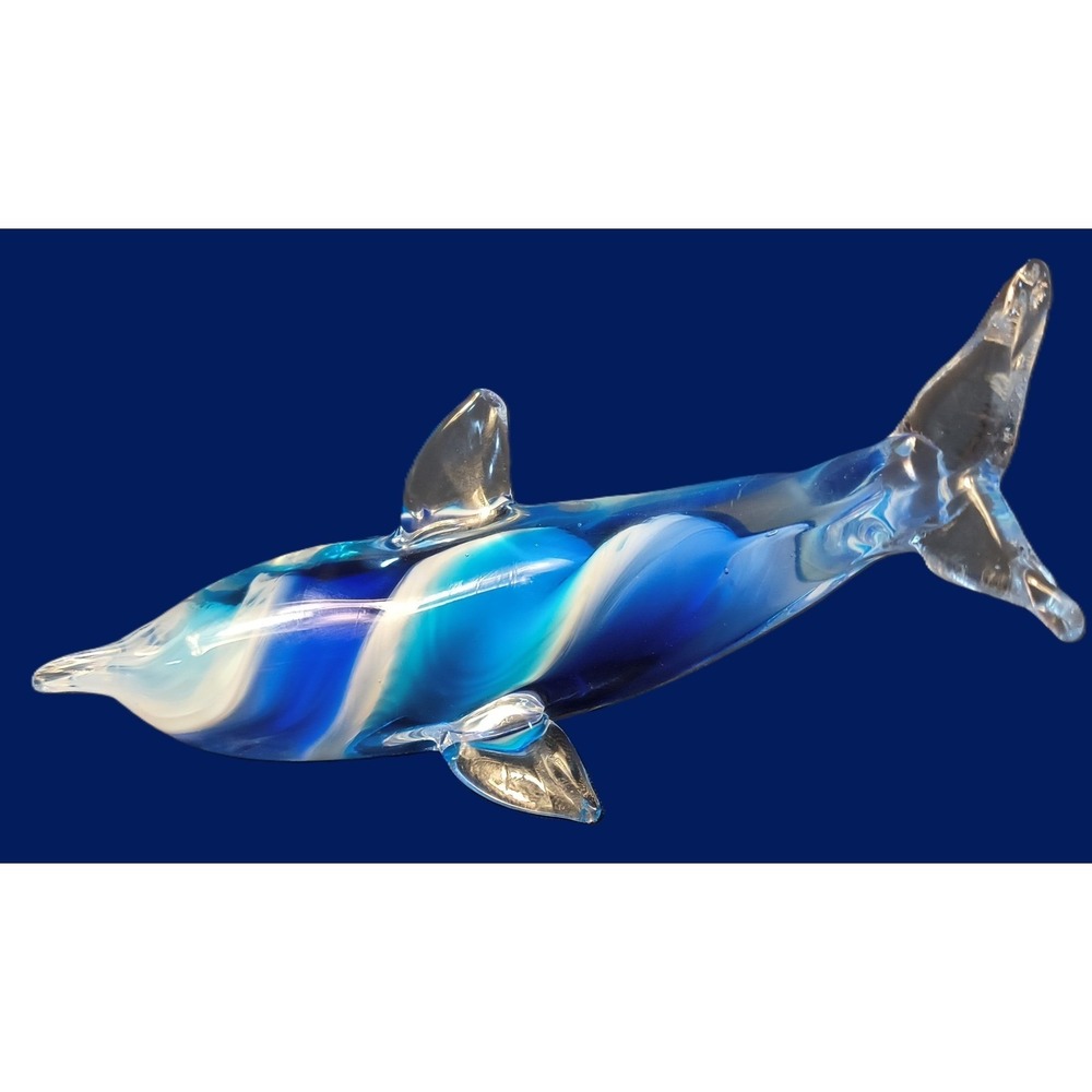 Art Glass‎ Dolphin Figurine Blue White Swirl Hand Blown Ocean Sea Life Decor - Picture 2 of 6